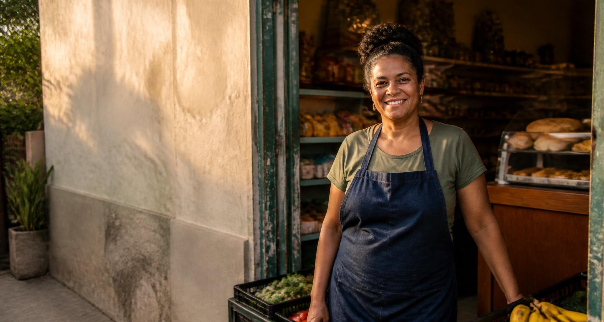 Greater Cincinnati neighborhood shop owner smiling in the doorway of her small grocery