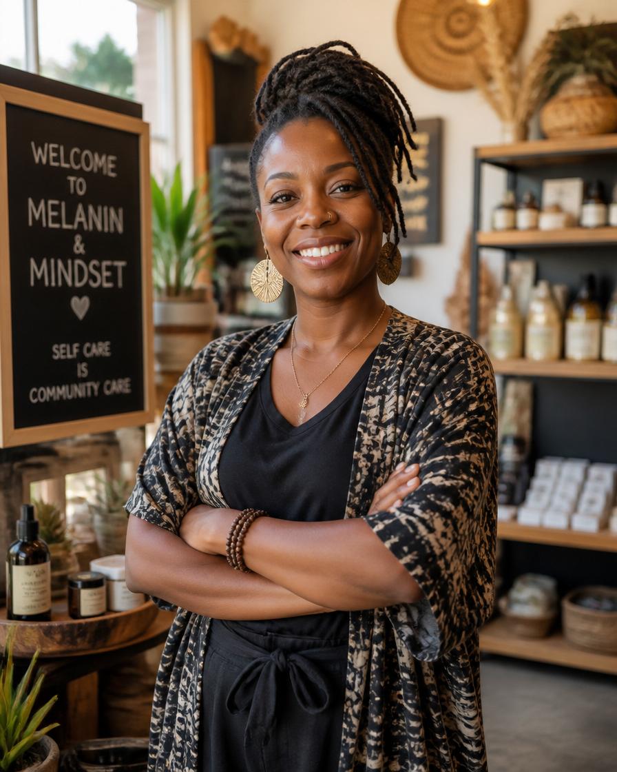 Black woman small business owner in her retail and wellness shop
