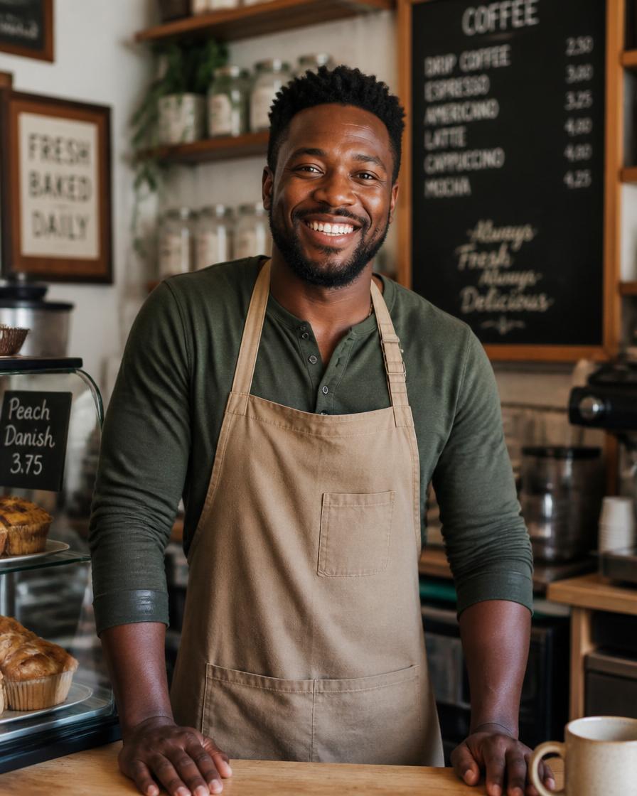 Black man cafe and bakery owner behind his counter