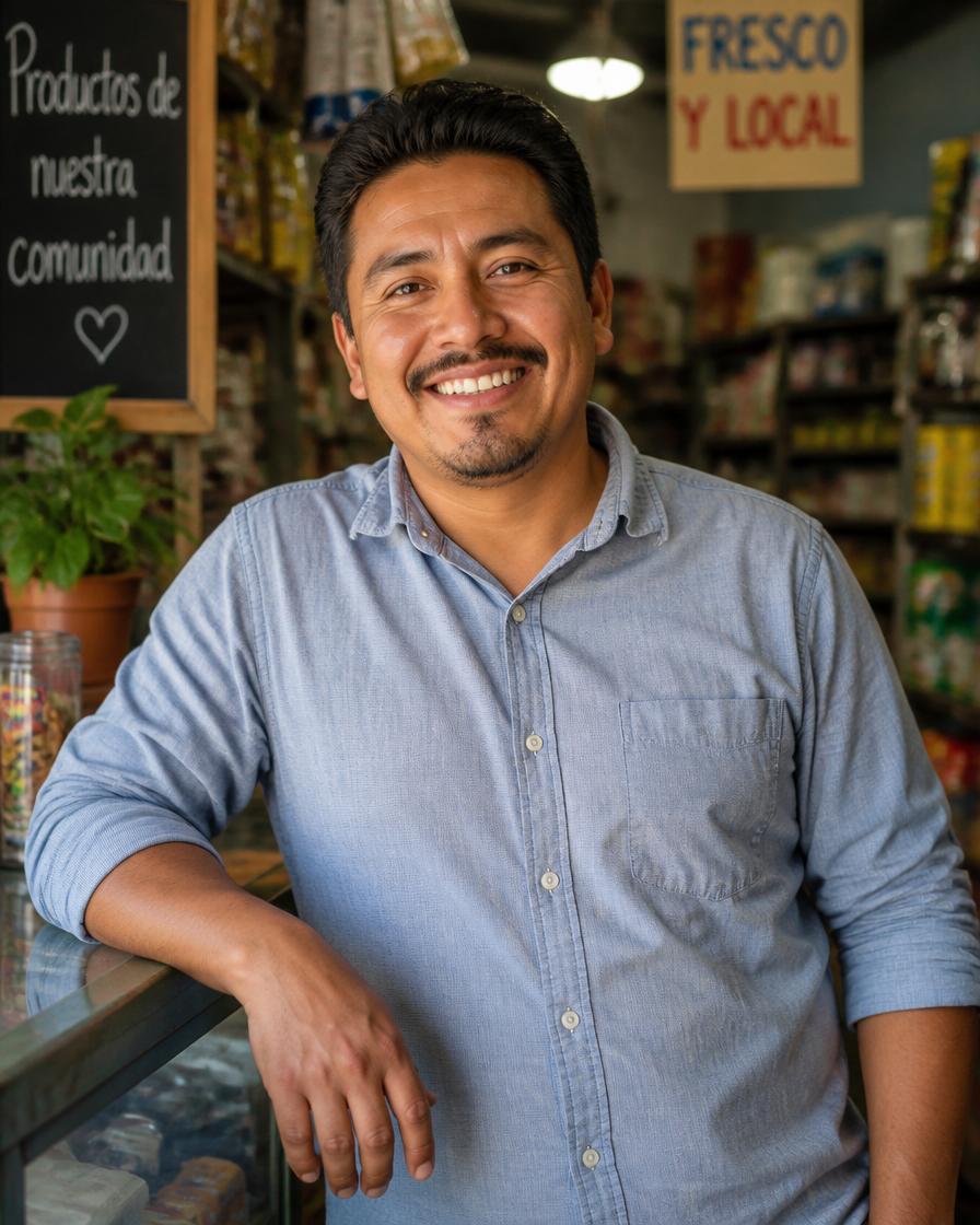 Latino owner in his neighborhood general store